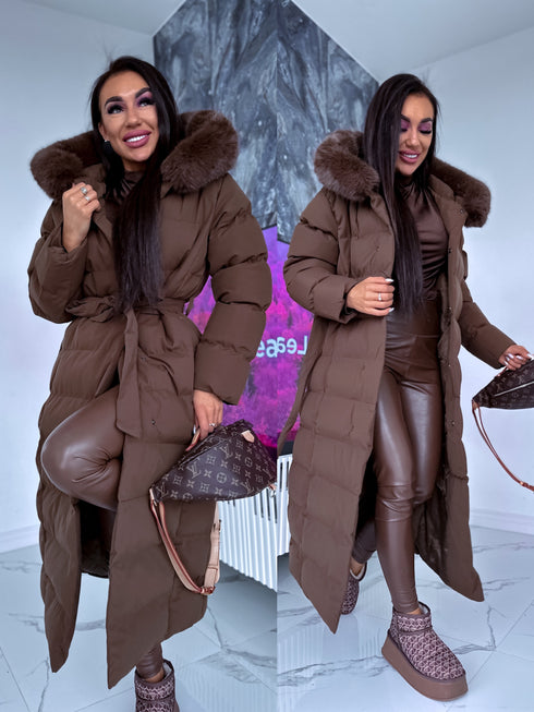 Long WINTER jacket with down hood - chocolate brown PRE-ORDER